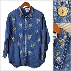 Vintage Denim Shirt Jacket Plus 18/20 2X Shacket Jean Gold Embroidered Western